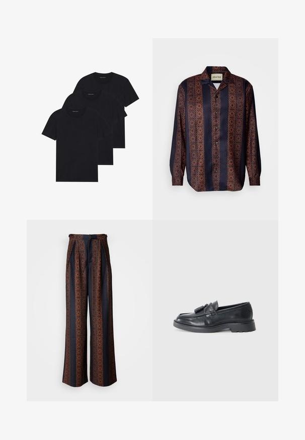 Tre svarte bomull t-skjorter med rund hals, korte ermer og et enkelt design. Hver skjorte har en synlig logo nær halsen.; Marineblå skjorte med knappelist og et blomstergeometrisk mønster i nyanser av oransje. Har krage og lange ermer med knapper på mansjettene.; Vide benbukser i mørkeblå stof med et indviklet orange geometrisk mønster, med plisseret front og en tætsiddende talje. ; Sorte skinnloafers med rund tå, en stropp med frynser og en tykk såle med mønster. Glatt tekstur og klassisk design.