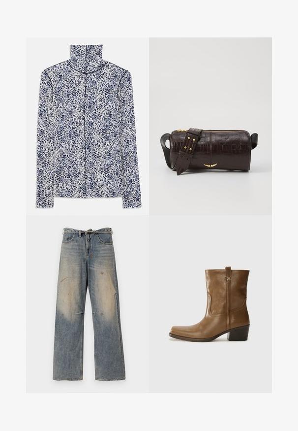 Balto garām piedurknēm krekls ar zilu leopardu rakstu, kuram ir augsta apkakle un priekšējā rāvējslēdzēja aizdare centrā.; Gai zilgans džinsi ar brīvu, taisnu kāju dizainu. Iezīmējas ar noslīpēšanu, izbalēšanu un nolietojuma detaļām ap ceļgaliem. Klasisks piecu kabatu stils.; Brūnas ādas potītes zābaki ar kvadrātveida degunu, struktūru apdari un zemu sakrautu papēdi. Ir aizmugurējais cilpiņu un smalkas šūšanas detaļas.; Brūna krokodila ādas soma ar cilindrisku formu, zelta toni aparatūru un noņemamu siksnu ar studiem.