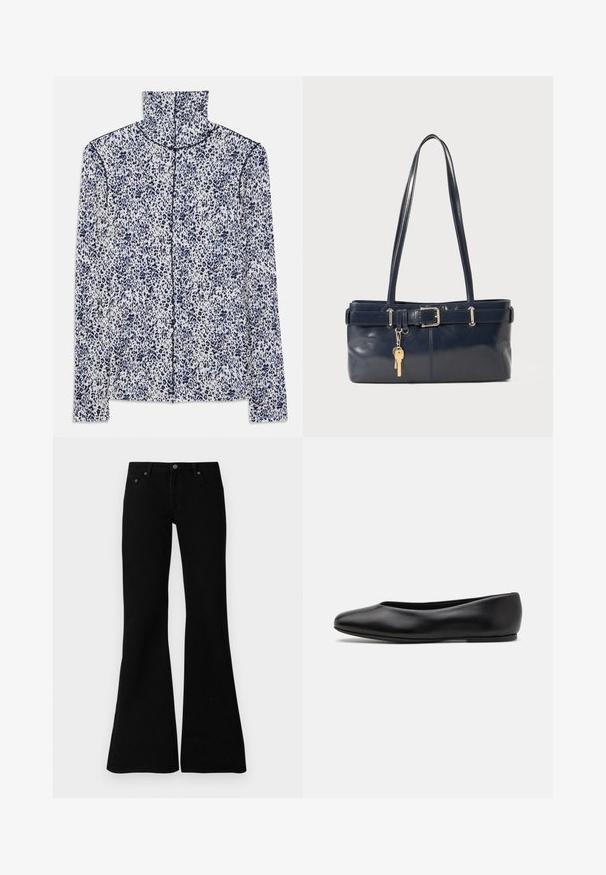 Langärmliges Hemd in Weiß mit einem blauen Leopardenmuster, das einen hohen Kragen und einen Reißverschluss in der Mitte hat.; Schwarze Bootcut-Jeans aus Denim, die über ein klassisches Fünf-Taschen-Design, einen Knopfverschluss und dezente Nähte entlang der Säume verfügen.; Paul Smith TOPANGA - Klassischer Ballerina - black; Marineblaue Lederhandtasche mit zwei langen Griffen, einer Schnallen-Detailierung und einem daran befestigten Schlüsselanhänger. Besitzt eine glatte Textur und eine rechteckige Form.