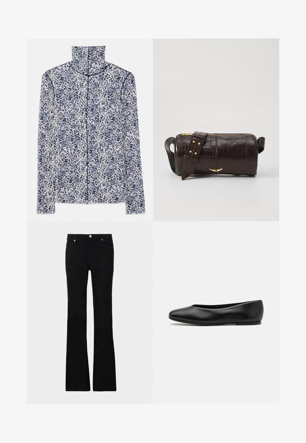 Hosszú ujjú fehér ing, kék leopárdmintával, magas gallérral és középen elhelyezett cipzárral.; Fekete, bővülő szárú farmernadrág, két elülső zsebből áll, gombos záródással és sima textúrával rendelkezik. A varrásoknál látható a jellegzetes öltés.; Paul Smith TOPANGA - Balerina cipők - black; Barna krokodilbőr hatású bőr táska henger alakú, arany tónusú fémveretekkel és lecsatolható, szegecsekkel díszített pánttal.