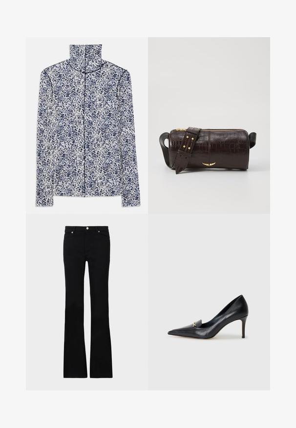 Long-sleeve shirt in white with a blue leopard print pattern, featuring a high collar and a front zipper closure along the center.; Black flared jeans made of denim, featuring two front pockets, a button closure, and a smooth texture. Signature stitching visible at seams.; Black leather pump with a pointed toe, low-cut vamp, and a decorative gold accent. Features a stiletto heel and smooth texture.; Brown crocodile-embossed leather bag with a cylindrical shape, gold-tone hardware, and a detachable strap featuring studs.