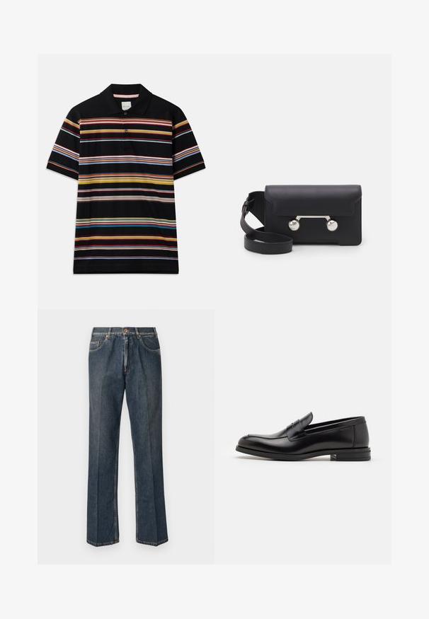 Juodas polo marškinėlis su spalvingomis horizontaliosiomis juostelėmis: geltonos, raudonos, žalios ir mėlynos spalvų. Su apykakle ir dviem mygtukais.; Tamsiai mėlynos tiesios kojos džinsai su priekiniais mygtukais, užtrauktuku, dviem priekinėmis kišenėmis ir matomomis vertikaliomis raukšlėmis nuo kelnių šonų.; Juodos odinės loafers, turinčios lygų paviršių, apvalią noselę ir dekoratyvinę juostą per priekinę dalį. Žemas krentantis kulnas, minimalistinis dizainas.; Juodas odinis kryžminis krepšys su sklendės uždarymu, sidabro spalvos detalėmis ir dviem apvaliais akcentais. Yra nusiimamas diržas. Lygus paviršius.