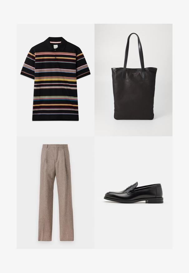 Čierna polo košeľa s farebnými horizontálnymi prúžkami v žltej, červenej, zelenej a modrej. Obsahuje golier a zapínanie na dva gombíky.; Hnedé, vysoké nohavice vyrobené z texturovanej látky. Majú široké nohavice a dva predné záhyby pre štruktúru. Úhľadné spracovanie bez viditeľného kovania.; Čierne kožené mokasíny s hladkou textúrou, zaoblenou špičkou a dekoračným pásikom cez priehlavok. Nízky vrstvený opätok, minimalistický dizajn.; Čierna plátená taška s čiernymi koženými ušami. Jednoduchý dizajn, priestranné telo a hladká textúra. Žiadne viditeľné logo ani vzory.