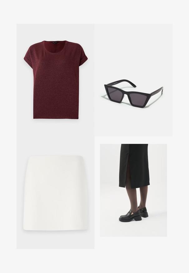Burgunderfarget kortermet topp laget av teksturert, glitrende stoff med rund hals og rullet ermer. Løs passform.; Hvit, tettsittende mini skjørt med en jevn tekstur og rene linjer. Ingen synlige mønstre eller metallkomponenter. Rett fald nederst.; Sorte lærersko med rund tå, tykk blokkheel og elastiske sideaksenter, sammen med mørke strømpebukser og et svart skjørt med splitt.; Svarte, kantete solbriller med grå linser; laget av plast, med tykke stenger som har en glatt overflate og ingen synlige festemidler.