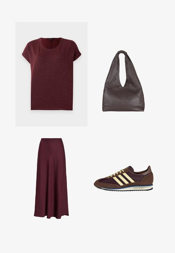 Burgunderfarbener Kurzarmoberteil aus strukturiertem, glitzerndem Stoff mit rundem Ausschnitt und umgeschlagenen Ärmeln. Bequemer Schnitt.; Burgunderfarbene Satin-Maxikleid mit glatter Textur, hoher Taille und fließender Silhouette, die sich sanft zur Saumkante hin ausläuft.; Braune und burgunderfarbene Sneaker aus Wildleder und Mesh-Materialien, mit drei cremefarbenen Streifen, strukturiertem Stoff an der Zunge und einer Gummisohle.; Braune Lederhandtasche mit einem lässigen, übergroßen Design. Verfügt über einen Schlaufenhandgriff und eine tiefe V-förmige Öffnung für einfachen Zugang. Weiche Textur, minimalistischer Stil.