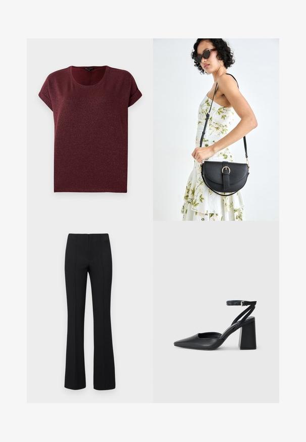 Bordeaux kortärmige top gemaakt van gestructureerde, glinsterende stof met een ronde halslijn en opgerolde mouwen. Relaxte pasvorm.; Zwarte flared broek met een ribbelstructuur en een aangesloten taille. Het ontwerp heeft verticale naden voor een gestroomlijnd uiterlijk. Geen zichtbare hardware.; Zwarte leren puntige pump met een enkelbandje en een chunky hak. Vlakke textuur, strakke vormgeving en minimalistische esthetiek.; Zwarte leren handtas met een gebogen vorm, afneembare schouderband en gouden hardware. De tas heeft een klep met een gespsluiting.