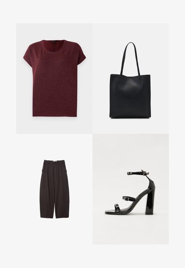 Burgunderfarbener Kurzarmoberteil aus strukturiertem, glitzerndem Stoff mit rundem Ausschnitt und umgeschlagenen Ärmeln. Bequemer Schnitt.; Schwarze weit geschnittene Hosen aus einem glatten Stoff, mit hoher Taille, Frontfalten und Seitentaschen. Schlichtes Design ohne Verzierungen.; Schwarze patentierte Sandalen mit Absatz, quadratischer Spitze, Knöchelriemen und silbernen Schnallen. Mit einem stabilen Blockabsatz für mehr Stabilität.; Schwarze Laptoptasche aus Leder mit glatter Textur, rechteckiger Form und zwei langen Griffen. Keine sichtbaren Beschläge oder Verzierungen.