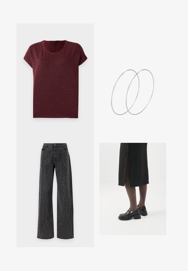 Burgundy short-sleeve top made of textured, glittery fabric with a round neckline and rolled cuffs. Relaxed fit.; Noisy May NMJANNEL LOOSE - Relaxed fit jeans - black denim; Black leather shoes with a rounded toe, thick block heel, and elastic side accents, paired with dark tights and a black skirt with a slit.; Silver hoop earrings with a minimalist design. Circular shape, smooth texture, and thin profile. Lightweight with a polished finish.