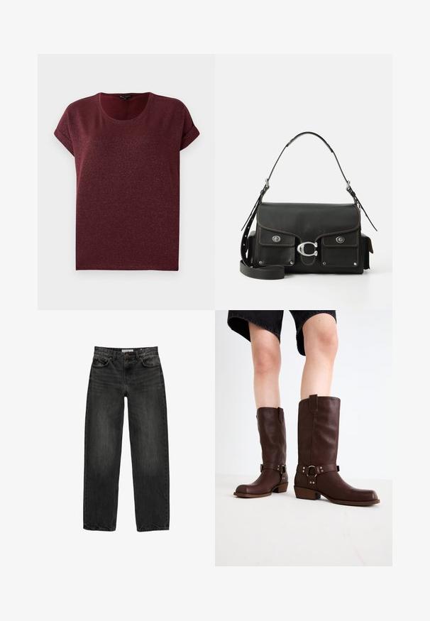 Tricou scurt din burgundy, cu mâneci scurte, fabricat dintr-un material texturat și strălucitor, cu decolteu rotund și tivuri răsucite. Croială lejeră.; Blugi negri din denim cu o croială lejeră, picior drept, design cu cinci buzunare și o textură ușor decolorată. Închidere cu nasture și fermoar în față.; Cizme din piele maro, până la genunchi, cu vârf rotunjit, suprafață texturată, curea la gleznă și detalii din metal argintiu; toc înălțat.; Geantă de piele neagră cu închidere prin clapetă, accesorii din argint, două buzunare frontale, cusături în contrast și un curea de umăr detașabilă.
