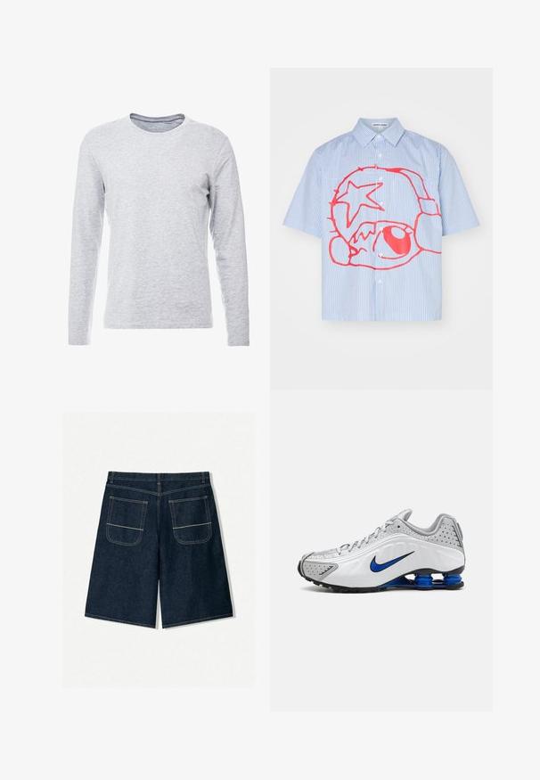 Tricou gri cu mânecă lungă, confecționat dintr-un material moale și ușor, cu un guler rotund clasic și un design simplu, fără embellismente.; Cămașă cu mânecă scurtă, cu nasturi, având dungi albastre deschise și albe, cu un design grafic proeminent în roșu, care include o stea și forme circulare.; Șorturi din denim bleumarin, cu o croială lejeră, având două buzunare la spate cu cusături contrastante. Design cu croială dreaptă, până la genunchi.; Pantofii de alergare Nike au un superior alb și gri, accente albastre, detalii perforate, o talpă căptușită și un sistem distinctiv de arcuri Shox.