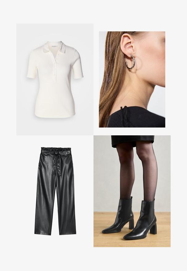 Valkoinen pitkähihainen polo-paita, jossa on lyhyet hihat, kaksinappinen kaulus ja pehmeä rakenne. Kankaassa on kevyt kiilto ja jämäkkä kaulus.; Valkoinen pitkähiha blouse, jossa on klassinen kaulus, etuvetoketju ja ryppyinen sivudetalji. Pehmeä kangas ja muotoiltu leikkaus.; Mustat tekonahkaleggingsit, joissa on joustava, röyhelöillä varustettu vyötärö ja irrotettava solmiovyö. Sileä pinta ja minimaalinen kiilto.; Mustat nahkasaappaat nilkkamittaisella varrella, terävässä kärjessä, paksussa neliömassassa ja tyylikkäässä muotoilussa. Varustettu joustavilla sivupaneeleilla, jotka helpottavat pukemista.; Hopea renkaankorvakoru kiiltävällä pinnalla, jossa on pieniä kultaisia yksityiskohtia ja pyöreä muoto, käytetty korvalla.