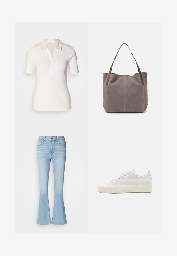 Fehér bordázott pólóing rövid ujjakkal, két gombos gallérral és puha tapintással. Az anyag enyhén fényes, és jól formált gallérral rendelkezik.; Világoskék, flopos farmernadrág magas derékkal, finom fakulással és hagyományos cipzáros záródással.; Fehér vászon tornacipők texturált felsőrésszel, kerek orral, lapos talppal és fűzős előlappal. Enyhén elnagyolt gallérjukkal és húzófüllel rendelkeznek.; Szürke velúr válltáska két sötét bőrből készült füllel. Oldalán steppelt részletekkel, puha textúrával és tágas nyílással rendelkezik.