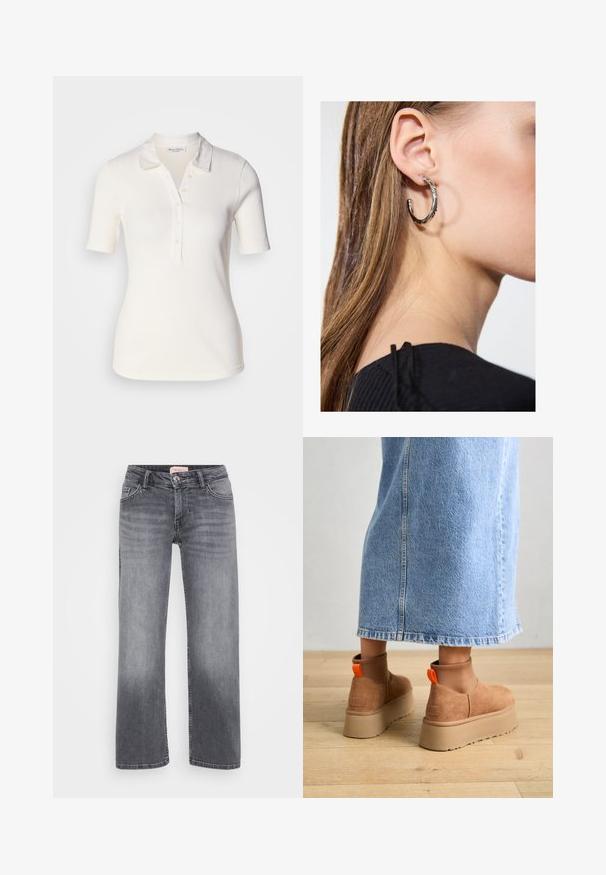 Hvitt ribbet polo skjorte med korte ermer, to-knappers placket og myk tekstur. Stoffet har en svak glans og strukturert krage.; Grå denimjeans med rett ben-design, fem-lomme stil, subtil falming, og knappelukking i midjen.; Brune semska plattformstøvler med elastiske sidepaneler og orange rekkehalser, parret med en knelange lys denimskjørt på et tregulv.; Sølv ringøredob med en polert finish, med små gull detaljer og en rund form, båret på øreflippen.