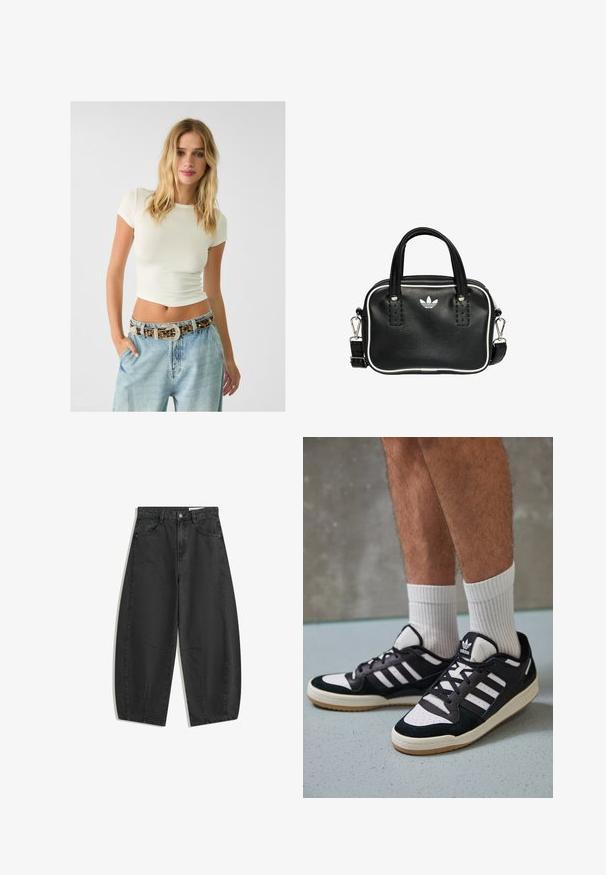 Kurze cremefarbene Ripp-T-Shirt mit hochgeschnittenen hellblauen Jeans und einem gemusterten Gürtel mit Nieten und einer dekorativen Schnalle.; Schwarze weit geschnittene Jeans mit hoher Taille, Fronttaschen, Gürtelschlaufen und Knopfverschluss, flach auf einem weißen Hintergrund präsentiert.; Schwarz-weiße Sneaker mit einem Obermaterial aus Wildleder und Leder, ausgestattet mit drei weißen Streifen, einer perforierten Zehenpartie und einer Sohle aus Gummi.; Schwarze Lederhandtasche mit zwei kurzen Griffen, silbernem Zubehör, weißen Akzenten und einem weißen Logo. Verfügt über eine strukturierte Oberfläche und ein kompaktes Design.