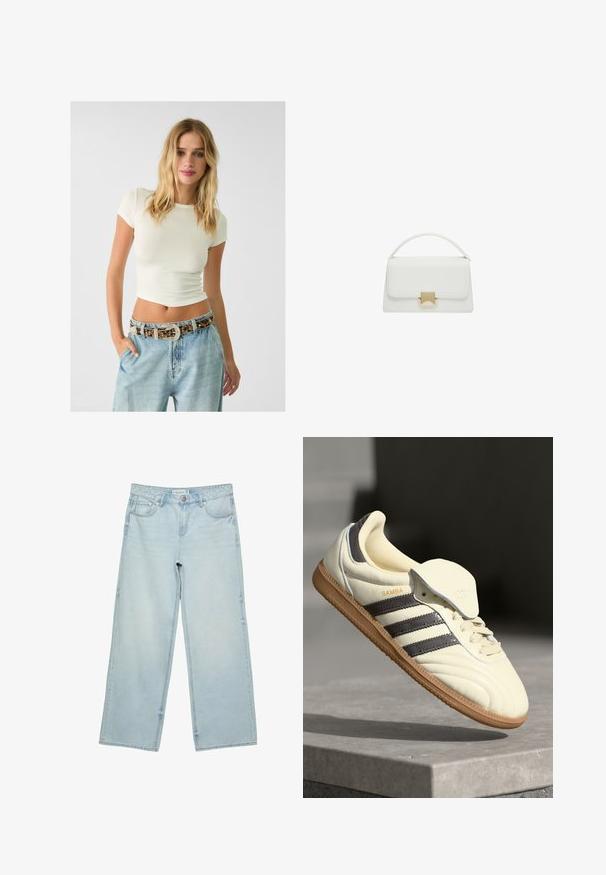 Kurze cremefarbene Ripp-T-Shirt mit hochgeschnittenen hellblauen Jeans und einem gemusterten Gürtel mit Nieten und einer dekorativen Schnalle.; Helle blaue, weite Jeans aus Denim mit hoher Taille, fünf Taschen und subtilen Ausbleichungen. Gerader Schnitt mit gesäumten Kanten.; Cremfarbene Ledersneaker mit drei dunklen Streifen, einer braunen Gummisohle und einer abgerundeten Zehenpartie. Hat eine faltbare Zunge, die mit "SAMBA" beschriftet ist.; Weiße Lederhandtasche mit strukturiertem Design, ausgestattet mit einem oberen Griff und einem goldfarbenen Verschluss. Glatte Textur und minimalistische Akzente.