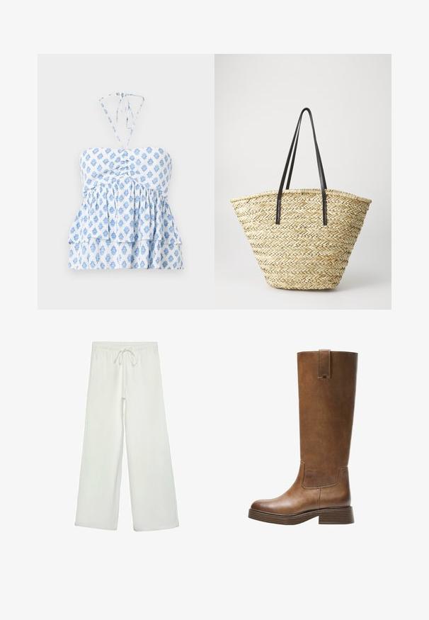 Hollister Co. STRAPLESS CONVERTIBLE DOUBLE TIER BABYDOLL - Top - white; Blusa color crema con scollo a V, maniche lunghe a palloncino e rouches a strati all'orlo, con un dettaglio a cravatta sul retro centrale.; Pantaloni bianchi a gamba larga realizzati in un tessuto morbido. Presentano un elastico in vita con cordino e una consistenza liscia. Senza motivi visibili o accessori.; Stivale marrone in pelle alto fino al ginocchio, con punta tonda, superficie testurizzata e tacco basso impilato. Presenta un pannello laterale e una linguetta di apertura in cima.; Borsa a tracolla in paglia intrecciata con una forma ampia e affusolata, dotata di due manici in pelle nera. Colore beige naturale con una superficie texture.