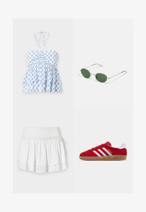 Hollister Co. STRAPLESS CONVERTIBLE DOUBLE TIER BABYDOLL - Viršus - white; Balta sluoksniuota sijonas su elastinga juostele, pasižymintis tekstūruota surišimo detale ir dekoratyvine juostos akcentu. Pagamintas iš medvilnės.; Raudoni zomšiniai kedai su baltu trimis dryžiais ir auksiniu „Gazelle“ tekstu. Turi guminį pado gumulėlį ir tekstūruotą kulną.; Auksiniu rėmu sukurtos saulės akinių su žaliais ovaliais lęšiais ir plonomis metalinėmis šakėmis. Stiprūs skaidrūs plastikiniai galiukai šakėse suteikia patogumo.