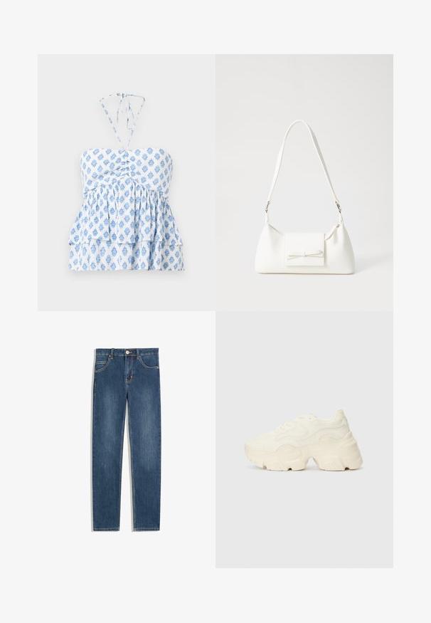 Hollister Co. STRAPLESS CONVERTIBLE DOUBLE TIER BABYDOLL - Top - white; Jeans in denim blu scuro con vestibilità dritta, cinque tasche, dettagli di cucitura sottili e un bottone metallico in vita.; Sneakers bianchi chunky realizzati in mesh testurizzato e materiali sintetici, dotati di una suola spessa e dettagli con motivi intricati lungo i lati.; Borsa sintetica bianca a forma triangolare, con patta anteriore piatta e dettaglio a fiocco, tracolla regolabile, texture liscia e design minimalista.