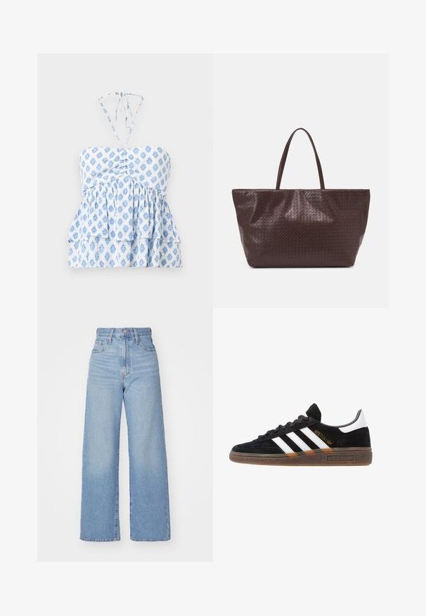 Hollister Co. STRAPLESS CONVERTIBLE DOUBLE TIER BABYDOLL - Topp - white; Heledad sinine kõrge vöökohaga laiad teksad, ees nupp ja tõmblukk, ees ja taga taskud, valge tausta peal.; Mustad must Adidas'i sneaker valgete triipudega, kuldse "Spezial" tekstiga, kummi tallaga ja valge kontsaga, kujutatud külgvaates.; Pruun punutud nahast kott kahe käepideme ja struktureeritud kuju ning tekstureeritud pinnaga, millel on kogu ulatuses rombikujuline muster.