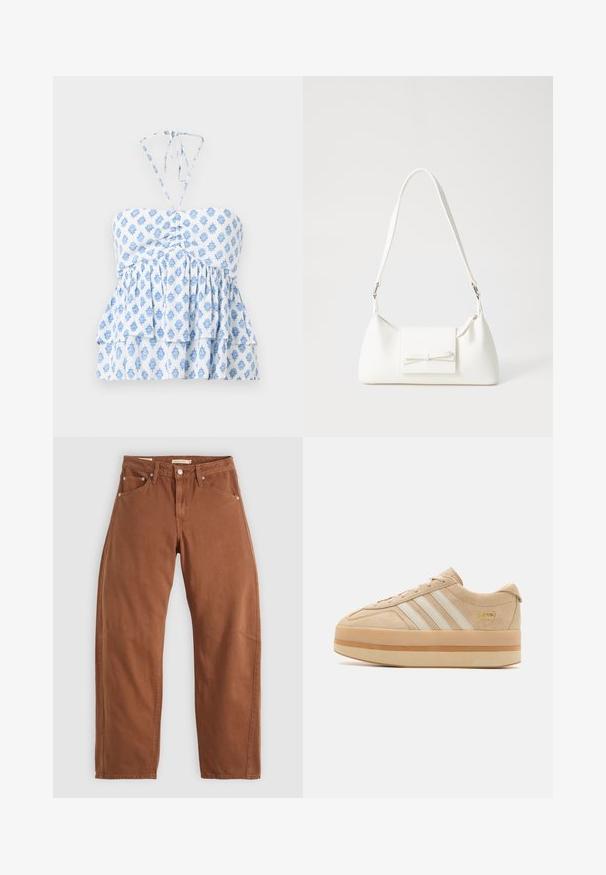 Hollister Co. STRAPLESS CONVERTIBLE DOUBLE TIER BABYDOLL - Top - white; Rust brown straight-leg jeans with front and back pockets, metal rivets, button closure, and belt loops, laid flat on a white background.; Beige suede platform sneakers with white three stripes, round toe, and beige rubber sole featuring a gold logo accent on the side.; White synthetic handbag with a triangular shape, flat front flap and bow detail, adjustable strap, smooth texture, and minimalistic design.