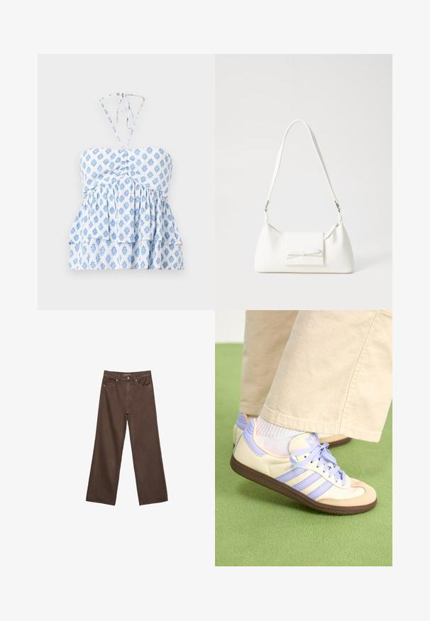 Hollister Co. STRAPLESS CONVERTIBLE DOUBLE TIER BABYDOLL - Top - white; Hnědé džíny s širokými nohavicemi vyrobené z denimu, s vysokým pasem, předními kapsami a klasickým zapínáním na knoflík. Hladká textura s jemným švem.; Krémové a levandulové tenisky se třemi pruhy a texturovanou hnědou podrážkou, vybavené tkaničkami a polstrovanou patou. Měkký textilní svršek.; Bílá syntetická kabelka v trojúhelníkovém tvaru, s plochým předním klopným víkem a detailem mašle, nastavitelným popruhem, hladkým povrchem a minimalistickým designem.