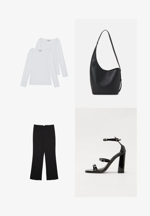 Twee witte longsleeve tops, met ronde halslijnen en zachte stof, met minimale naden en strakke lijnen voor een veelzijdige look.; Zwarte broek met een rechte pasvorm, voorzien van zijzakken en plooien aan de onderzijde. Gemaakt van zachte, gladde stof. Geschikt voor verschillende gelegenheden.; Zwarte patent lederen sandalen met hoge hakken, twee gespenbanden, een vierkante neus en een stevige blokhak, met een gladde, glanzende textuur.; Zwarte leren hobo tas met een gladde textuur, kromme vorm en een enkele verstelbare schouderband; heeft een brede opening aan de bovenkant.