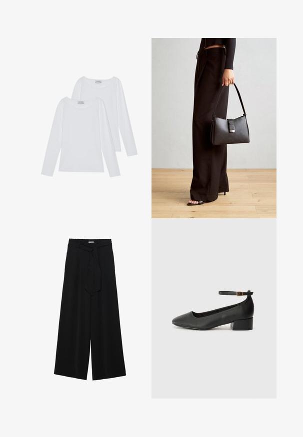 Dva dugosveđa majice u bijeloj boji, s okruglim izrezima i mekanim materijalom, s minimalnim šavovima i čistim linijama za svestran izgled.; Crne široke hlače od teksturirane tkanine, s elastičnom pojasom i odvojivim remenom na struku za prilagodivo pristajanje.; Crne kožne pumpe s oštrim vrhom i niskom blok petom. Sadrže remen oko gležnja s zlatnim kopčanjem. Glatka tekstura.; Crna torba s oblikom koji sadrži strukturu, glađu teksturu i metalnu kopču. Uparena s širokim crnim hlačama i sandalama na otvorenom s drvenog poda.