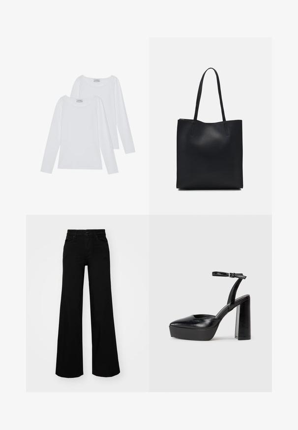 Two long-sleeve tops in white, featuring rounded necklines and soft fabric, with minimal seams and clean lines for a versatile look.; Black wide-leg pants made of denim, featuring a structured waistband, belt loops, and front pockets. Smooth texture with a classic design.; Black platform heels with a pointed toe and adjustable ankle strap. Constructed from smooth leather, featuring a chunky block heel.; Black leather tote bag with smooth texture, rectangular shape, and two long handles. No visible hardware or embellishments.