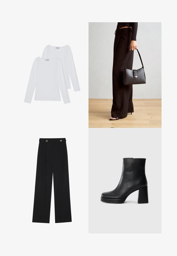 Két fehér, hosszúujjú felső, lekerekített nyakkivágással és puha anyaggal, minimális varrásokkal és letisztult vonalakkal a sokoldalú megjelenés érdekében.; Fekete, bő szárú nadrág magas derékkal, gombos részletekkel a derékrészen és elülső pliszékkal.; Fekete bőr bokacsizma tömbsarkal és platform talppal, oldalról nézve, sima fehér háttéren.; Fekete kézi táska strukturált formával, sima textúrával és fémből készült záródással. Széles fekete nadrággal és nyitott orrú szandállal párosítva, fából készült padlón.