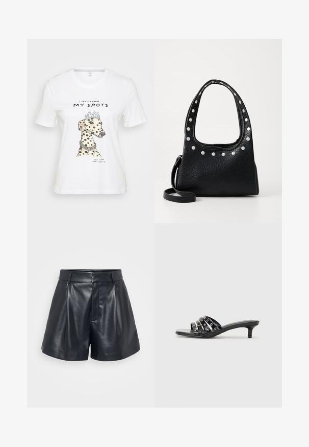 White cotton t-shirt featuring a graphic of a spotted dog wearing a crown, with the text "I can't change my spots" below the design.; Black leather shorts with a smooth texture, tailored design, pleated front, and belt loops; features a hidden zipper pocket on the side.; Black heeled sandals with multiple glossy straps and metallic accents, featuring a pointed toe and modest kitten heels. Smooth texture.; Black textured leather handbag with silver studs along the top edge and handles, featuring a short handle and a detachable strap.; Silver hoop earring with a polished finish, featuring small gold accent details and a round shape, worn on the lobe.