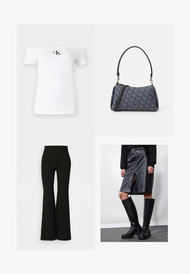 Balta of-off-shoulder marškinėliai, trumpomis rankovėmis, pagaminti iš medvilnės, priekyje turi juodą "CK" logotipą ir tekstą. Lygi tekstūra.; Juodos platėjančios kelnės iš lygaus, elastingo audinio; aukštas juosmuo; švarios linijos ir jokių matomų kišenių ar dekoracijų.; Juodas odinis pieštuko sijonas su priekiu įpjova, derinamas su juodais iki kelių ilgio batais su užtrauktukais ir masyviu padu, suteikiančiu papildomą aukštį.; Mėlyna audinio rankinė su raštu, turinti išlenktą formą, juodą odinį dirželį ir logotipo dizainą šviesesnėmis spalvomis.