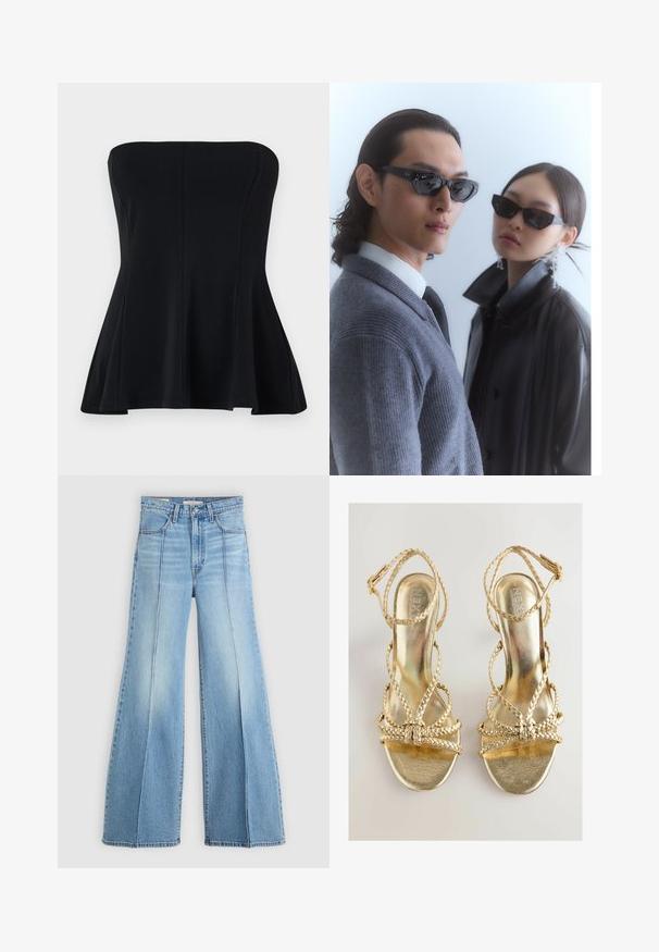 Schwarzes, trägerloses Top aus glattem Stoff, mit einem taillierten Oberteil und ausgestellt geschnittenem Saum. Keine Verzierungen oder Muster. Sauberes, schlichtes Design.; Hellblaue, hoch geschnittene Jeans mit weitem Bein, Front- und Gesäßtaschen, Gürtelschlaufen und vertikalen Nahtdetails auf der Vorderseite.; Goldene, mit Riemen versehene High Heel Sandalen mit geflochtenen Details und glänzender Oberfläche. Verfügt über einen flachen Zehenbereich und verstellbare Knöchelriemen.; Sonnenbrille mit eckigen schwarzen Rahmen, getragen von einem Modell mit einem grauen Pullover, der ein strukturiertes Strickmuster zeigt, sowie einer schwarzen Lederjacke, die von einem anderen Modell getragen wird.; Schwarze, gesteppten Lederhandtasche mit einer goldfarbenen Kettenriemen und einem Drehverschluss, der mit einem runden Akzent verziert ist. Kompakte rechteckige Form.