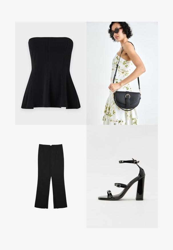 Zwarte strapless top van een gladde stof, met een aansluitend lijfje en een uitlopende zoom. Geen versieringen of patronen. Schoon, eenvoudig ontwerp.; Zwarte broek met een rechte pasvorm, voorzien van zijzakken en plooien aan de onderzijde. Gemaakt van zachte, gladde stof. Geschikt voor verschillende gelegenheden.; Zwarte gepatenteerde sandalen met hak en een vierkante neus, enkelbandjes en zilveren gespen. Heeft een stevige blokhak voor stabiliteit.; Zwarte leren handtas met een gebogen vorm, afneembare schouderband en gouden hardware. De tas heeft een klep met een gespsluiting.