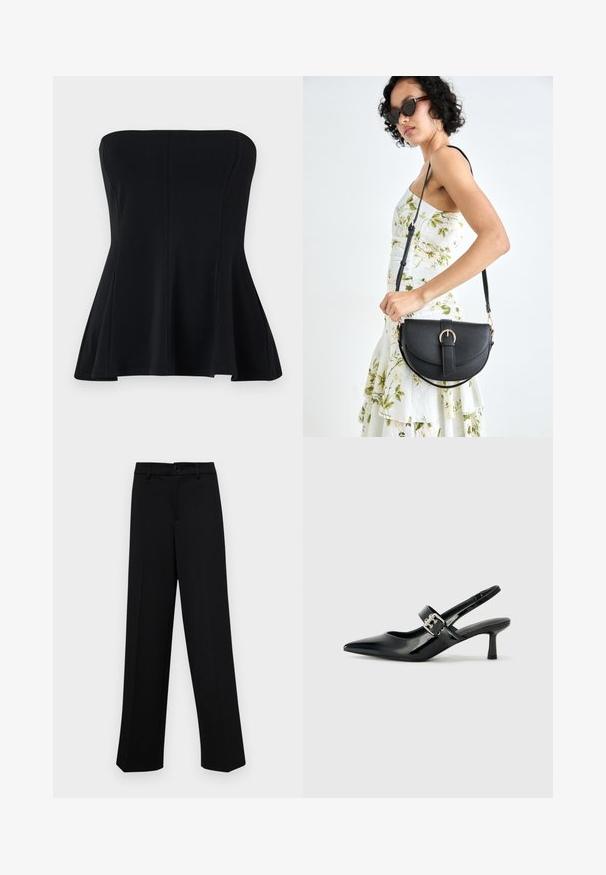 Melnā bezpiedurkņu blūze izgatavota no gludas auduma, ar pieguļošu korpusu un izplestu apakšdaļu. Bez rotājumiem vai rakstiem. Tīrs, vienkāršs dizains.; Melnas platajās bikses, kas izgatavotas no gludas auduma, ar klasisku jostu un pogu aizdari, kā arī priekšējām kroku detalizācijām.; Melnas lakotas ādas sūkņa kurpes ar norādītu purngali un mazu bloku papēdi, ar sudraba sprādzi akcentā uz jostas.; Melnas ādas rokassoma ar izliekta formu, noņemamu siksnu un zelta aksesuāriem. Somai ir vāciņš ar sprādzes detaļu.