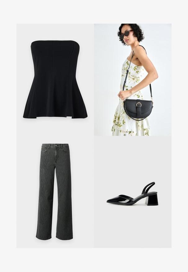 Schwarzes, trägerloses Top aus glattem Stoff, mit einem taillierten Oberteil und ausgestellt geschnittenem Saum. Keine Verzierungen oder Muster. Sauberes, schlichtes Design.; Weite Jeans aus dunkelgrauem Denim, mit einer subtilen Zebra-Muster-Struktur, kontrastierenden Nähten und einem Fünf-Taschen-Design mit einem Knopfverschluss.; Schwarze Lackleder-Slingback-High Heels mit spitzem Schuh und einem geometrischen Blockabsatz. Verfügt über ein schlankes, minimalistisches Design und eine glatte Textur.; Schwarze Lederhandtasche mit geschwungener Form, abnehmbarem Tragegurt und goldenen Beschlägen. Die Tasche verfügt über einen Deckel mit einer Schnallen-Details.