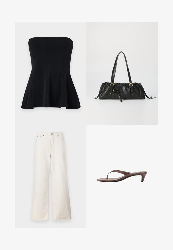 Czarny top bez ramiączek z gładkiego materiału, z dopasowanym gorsetem i rozszerzonym dołem. Brak zdobień czy wzorów. Czysty, prosty design.; Białe szerokie dżinsowe spodnie z pasem na sznurki, przednimi kieszeniami i subtelnymi detalami przeszyć. Wykonane z mocnego materiału bawełnianego.; Brązowe sandały na obcasie w stylu klapek z wąskim paskiem i zaokrąglonym palcem, z małym złotym akcentem na wkładce.; Czarna skórzana torebka z marszczoną górą, dwiema rączkami na ramię, złotymi akcentami i centralnym okrągłym zdobieniem. Gładka tekstura, kompaktowy kształt.