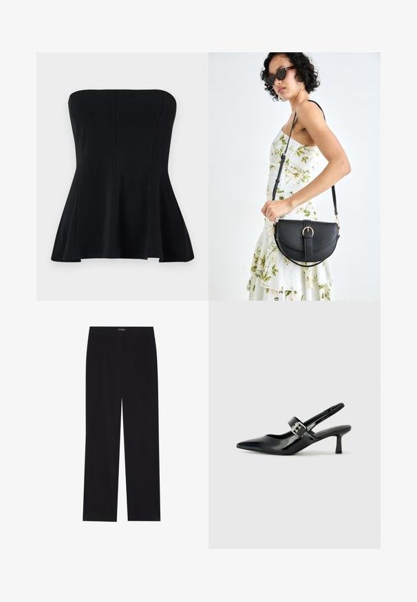Black strapless top made of smooth fabric, featuring a fitted bodice and flared hem. No embellishments or patterns. Clean, simple design.; Black corduroy trousers with a straight cut, featuring a flat waistband and no visible pockets, smooth texture, and vertical ribbing detail.; Black patent leather slingback heels with a pointed toe and a small block heel, featuring a silver buckle accent on the strap.; Black leather handbag with a curved shape, detachable strap, and gold hardware. The bag features a flap with a buckle detail.