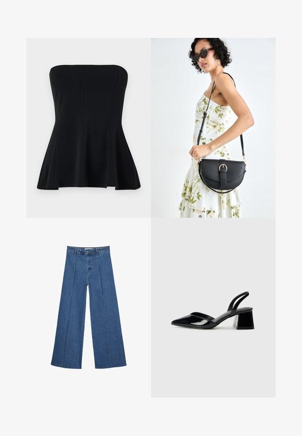 Crna beznaramenica majica izrađena od glatkog materijala, s uskim gornjim dijelom i lepršavim rubom. Bez ukrasa ili uzoraka. Čist, jednostavan dizajn.; Široke traperice u srednje plavoj boji, s visokim strukom, zatvaranjem na dugme i kontrastnim vertikalnim šavovima duž prednje strane.; Crne lakirane kožne sandale s otvorenom petom i špicastim vrhom, s geometrijskom blok petom. Imaju elegantan, minimalistički dizajn i glatku teksturu.; Crna kožna torba s lukovitim oblikom, odvojivim remenom i zlatnim detaljima. Torba ima preklop s kopčom.