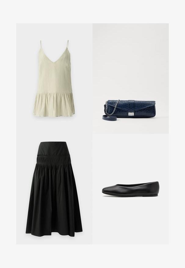 Světle zelená plisovaná tílko s véčkovým výstřihem a tenkými ramínky, s rozšířeným, nařaseným spodním lemem pro větší objem.; Béžová saténová košilka s krajkovým detailem na výstřihu, tenké nastavitelné ramínka a hladký, lesklý povrch.; Černá sukně po kolena vyrobená z hladkého materiálu, s dobře padnoucím pasem a nabíraným designem pro objem.; Paul Smith TOPANGA - Klasické baleríny - black; Námořnická modrá kožená kabelka s krokodýlí texturou, stříbrným řetízkovým popruhem a kovovým zapínáním. Obdélníkový tvar s překlápěcím designem.