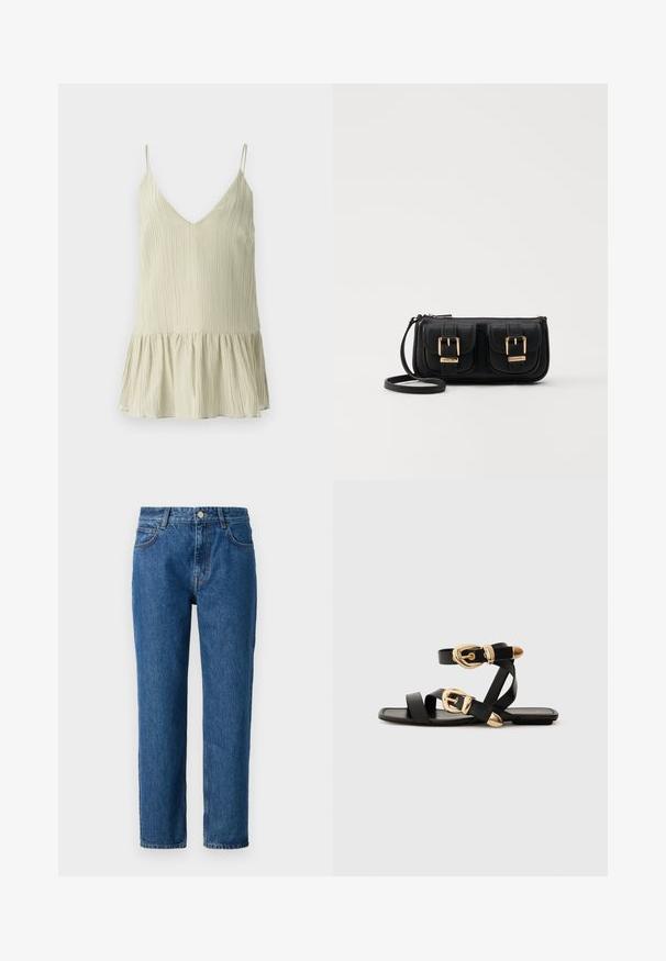 Šviesiai žalia plisėta maikutė su V formos iškirpte ir plonomis petnešėlėmis, pasižyminti išsiplėtusia, susiraukšlėjusia apatine dalimi, suteikiančia papildomo tūrio.; Mėlyni džinsai su tiesiomis kojomis, turintys mygtuką užsegimui, diržo kilpas ir priekinius kišenius. Pagaminti iš tekstūruoto medvilnės audinio.; Juodos odinės šlepetės su auksiniais sagtelėmis, turinčios daugybę dirželių ir plokščią padą, skirtos atviriems pirštams.; Juodas odinis per petį nešiojamas krepšys su dviem priekiniais kišenėmis, auksiniais sagtimis, užtrauktuko uždarymu ir siauromis petnešomis. Textūruota paviršius ir kompaktiškas stačiakampis formatas.