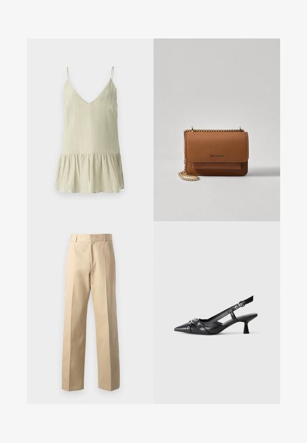Hellgrünes, plissiertes Camisole mit V-Ausschnitt und dünnen Trägern, das einen ausgestellt, gerafften Saum für zusätzliches Volumen aufweist.; Beige maßgeschneiderte Hose mit geradem Bein, die eine glatte Textur, zentrale Vorderfalten und einen klassischen Bund aufweist.; Schwarzer Leder-Slingback-Schuh mit spitz zulaufender Zehenpartie, dekorativen Riemen mit METALLÖSEN und niedrigem Blockabsatz. Strukturelle Oberfläche.; Braune strukturierte Ledertasche mit goldener Kettenriemen und Klappenverschluss. Die Vorderseite zeigt ein Logo-Detail und eine Tasche unter der Klappe.