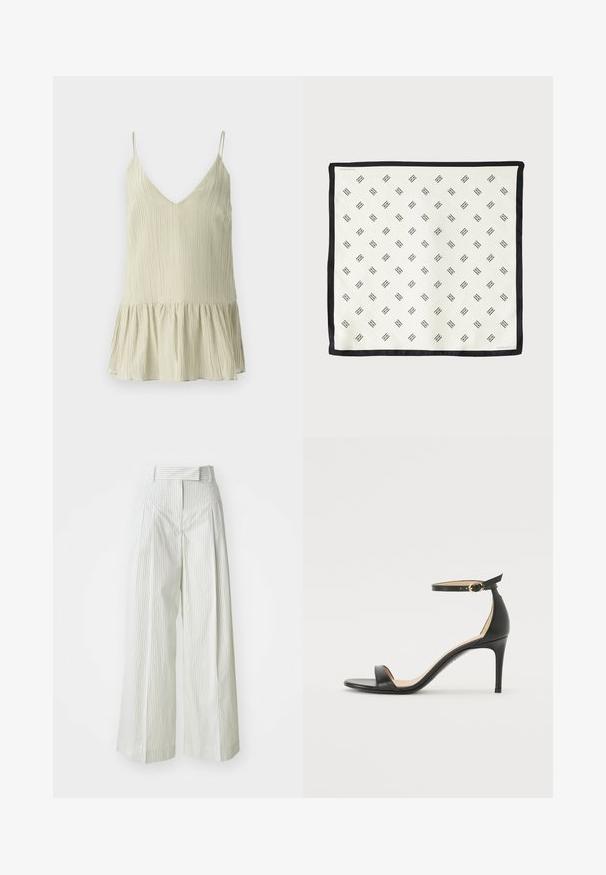 Világoszöld, ráncolt pántos felső V-nyakkal és vékony vállpántokkal, bővülő, ráncolt aljjal a további térfogat érdekében.; Világoszöld, széles lábú nadrág függőleges fehér csíkokkal. Magas derekú, övhurkokkal rendelkezik, és sima pamut textúrájú.; Fekete bőr magassarkú szandál bokapánttal. Simább textúrájú, nyitott orrú és vékony sarkú. Arany színű csat részlet.; Fehér selyem sál, amely ismétlődő fekete geometrikus mintával rendelkezik, és szilárd fekete szegéllyel van szegve. Könnyű, sima textúrával.