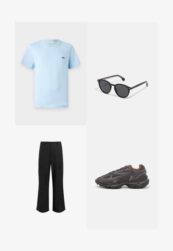 Svetlomodré bavlnené tričko s krátkymi rukávmi, s okrúhlym výstrihom a zeleno-bielym prúžkovaným lemovaním, a malou vyšitou nášivkou na hrudi.; Čierne cargo nohavice vyrobené z ľahkej tkaniny, s voľným strihom, dvoma veľkými bočnými vreckami a zapínaním na gombík.; Lacoste tenisky v tmavo sivej farbe z nylonu a syntetického materiálu, s textúrovanou podrážkou a hnedými akcentami na golieri a brandingu.; BOSS Slnečné okuliare - black