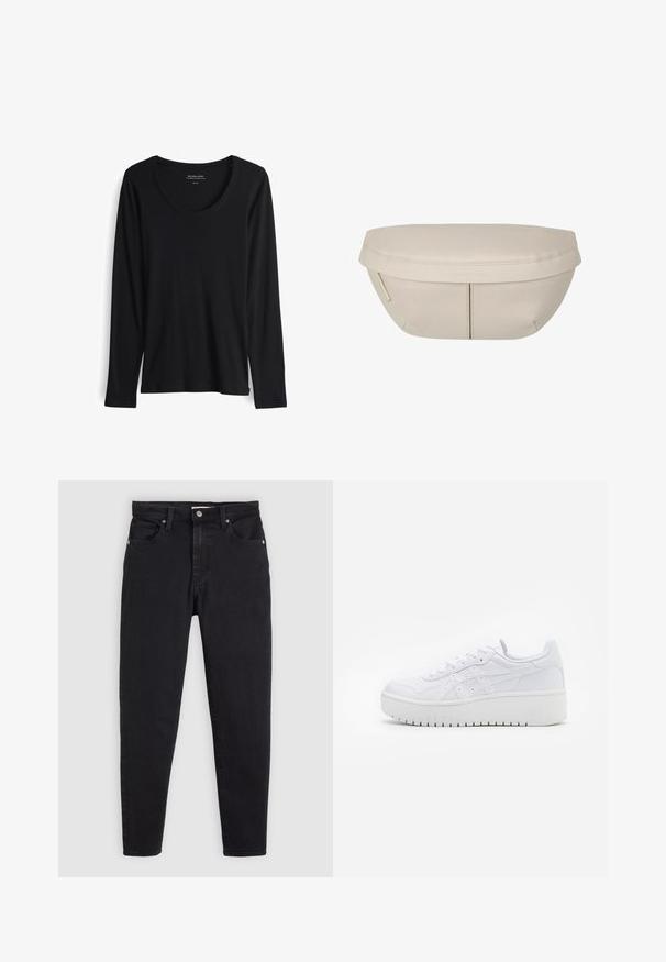 Schwarz langärmliges T-Shirt aus weichem, glattem Stoff. Mit rundem Halsausschnitt und enganliegendem Ärmel sowie geradem Saum. Minimalistisches Design.; Schwarze Slim-Fit-Jeans mit Knopf- und Reißverschluss, Fünf-Taschen-Design und Gürtelschlaufen auf einem hellgrauen Hintergrund.; Weiße Plattform-Sneaker aus glattem Leder mit perforierten Details und flachen Schnürsenkeln; ausgestattet mit einer dicken weißen Gummisohle.; Beiger Stoffbeutel mit runder Form, flacher Oberseite und subtilen Nahtdetails. Enthält ein minimalistisches Logo und einen Seitengurt.