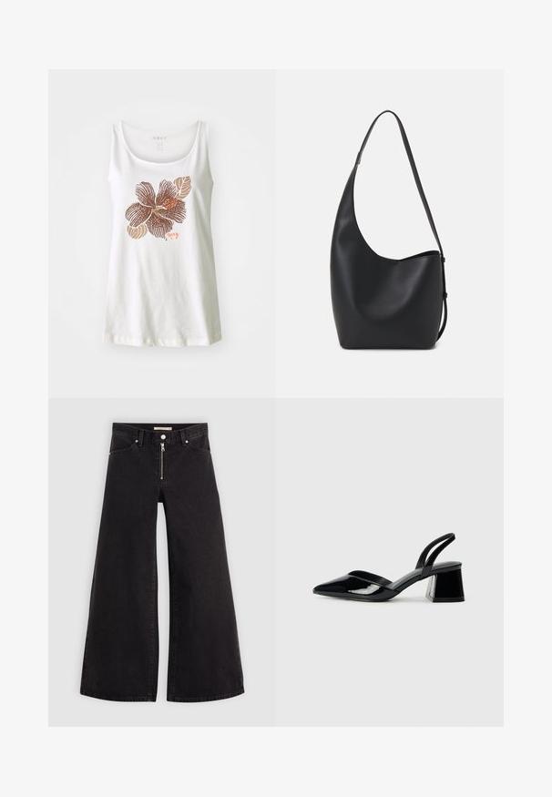 Hvit tanktop laget av myk bomull med brun blomstertrykk og blader. Designet inkluderer merkevarenavnet "Roxy" i oransje.; Vide benbukser i sort denim med glidelås i front, fem-lomme design og subtile sømdetaljer. Glatt tekstur og avslappet stil.; Svarte patentlær slingback hæler med spiss tå og geometrisk blokk hæl. Har et stilrent, minimalistisk design og jevn tekstur.; Svart lær hobo-veske med glatt tekstur, buet form og enkelt justerbart stropp; har en bred åpning på toppen.