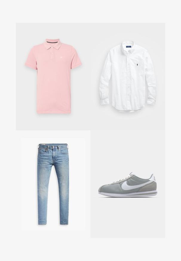 Camisa polo rosa de algodón con collar clásico, tres botones y un pequeño logo en el lado izquierdo del pecho. Mangas cortas y un corte regular.; Camisa blanca de manga larga de algodón con botones. Presenta un cuello clásico, puños con botones y un pequeño logo bordado en azul marino en el pecho.; Jeans ajustados de color azul claro con un ligero desgaste en los muslos, cierre frontal con botón, trabillas para cinturón y estilo de cinco bolsillos sobre un fondo blanco.; Zapatilla deportiva gris con parte superior de ante y textil, swoosh blanco de Nike y cordones blancos. Presenta una suela de goma texturizada y un collar acolchado.