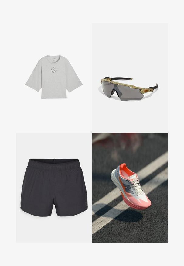 Harmaa lyhythihainen t-paita, joka on valmistettu pehmeästä puuvillasta. Paidassa on leveät hihat ja pyöreä kaula-aukko. Edessä on musta pyöreä logo ja teksti hihoissa.; Mustat urheilushortsit, jotka on valmistettu hengittävästä kankaasta, joustavalla vyötärönauhalla, ja joissa on hillitty rei'itetty tekstuuri sekä pieni logo-tyyli.; Juoksukengät valkoisella ja vaaleanpunaisella päällisellä, jossa on verkkomateriaali, heijastavat yksityiskohdat ja pehmustettu pohja. Kevyt muotoilu suorituskykyä varten.; Urheilusilmälasit vihreällä kuviotetulla kehyksellä, mustilla varsilla ja harmailla linsseillä. Muotoilu sisältää ympärivuotisen tyylin, jossa on rohkea ja urheilullinen muoto.