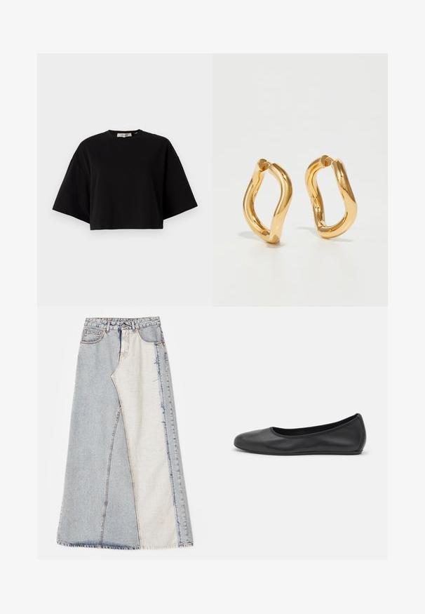 Čierny krátky tričko vyrobené z bavlny, s okrúhlym výstrihom a krátkymi, širokými rukávmi pre voľný strih. Hladká textúra, jednoduchý dizajn.; Džínová sukňa s patchworkovým dizajnom, obsahujúca svetlomodré a stredne modré časti, s roztrhnutými okrajmi a vysokým pásom. Klasický štýl s piatimi vreckami.; Čierne kožené baleríny s okrúhlou špičkou, hladkým povrchom, minimálnym prešívaním a flexibilným dizajnom podrážky.; Zlaté kruhové náušnice s zakriveným, nepravidelným tvarom a hladkým, lesklým povrchom. Bez viditeľného hardvéru alebo akcentov.