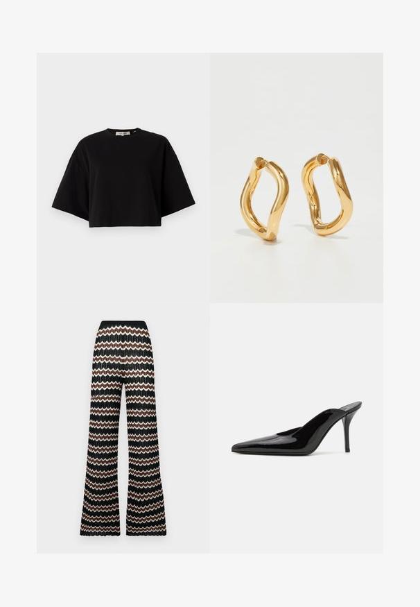 Czarny krótki t-shirt wykonany z bawełny, z okrągłym dekoltem i krótkimi, szerokimi rękawami, zapewniającymi luźny fason. Gładka tekstura, prosty design.; Dzianinowe spodnie z rozszerzanymi nogawkami w wzór zygzak w kolorach czarnym, białym i brązowym. Posiadają teksturowane wykończenie i elastyczny pas.; Czarne lakierowane mule na wysokim obcasie z wąskim noskiem i elegancką sylwetką, charakteryzujące się otwartym tyłem i smukłym szpilką.; Złote kolczyki w kształcie obręczy o zakrzywionym, nieregularnym kształcie oraz gładkiej, wypolerowanej powierzchni. Brak widocznych elementów sprzętowych lub akcentów.