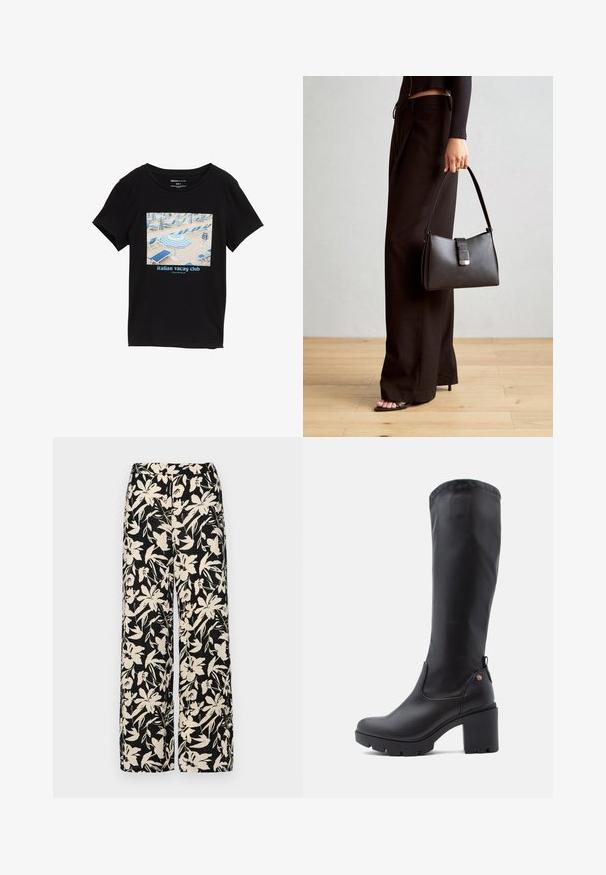 Zwarte t-shirt met een grafische print van een strandscène met blauwe stoelen, parasols en de tekst "italian vacay club" onderaan.; Zwarte wijde broek met een crèmekleurig bloemenpatroon. Gemaakt van lichtgewicht stof, met een zachte textuur en een hoge tailleband.; Zwarte laarzen tot de knie van soepel leer met een vierkante neus, stevige blokhak en gegoten rubberen zool. Bevat een discreet logo detail.; Zwarte handtas met gestructureerde vorm, gladde textuur en een metalen sluiting. Gecombineerd met brede zwarte broeken en sandalen met open teen op een houten vloer.